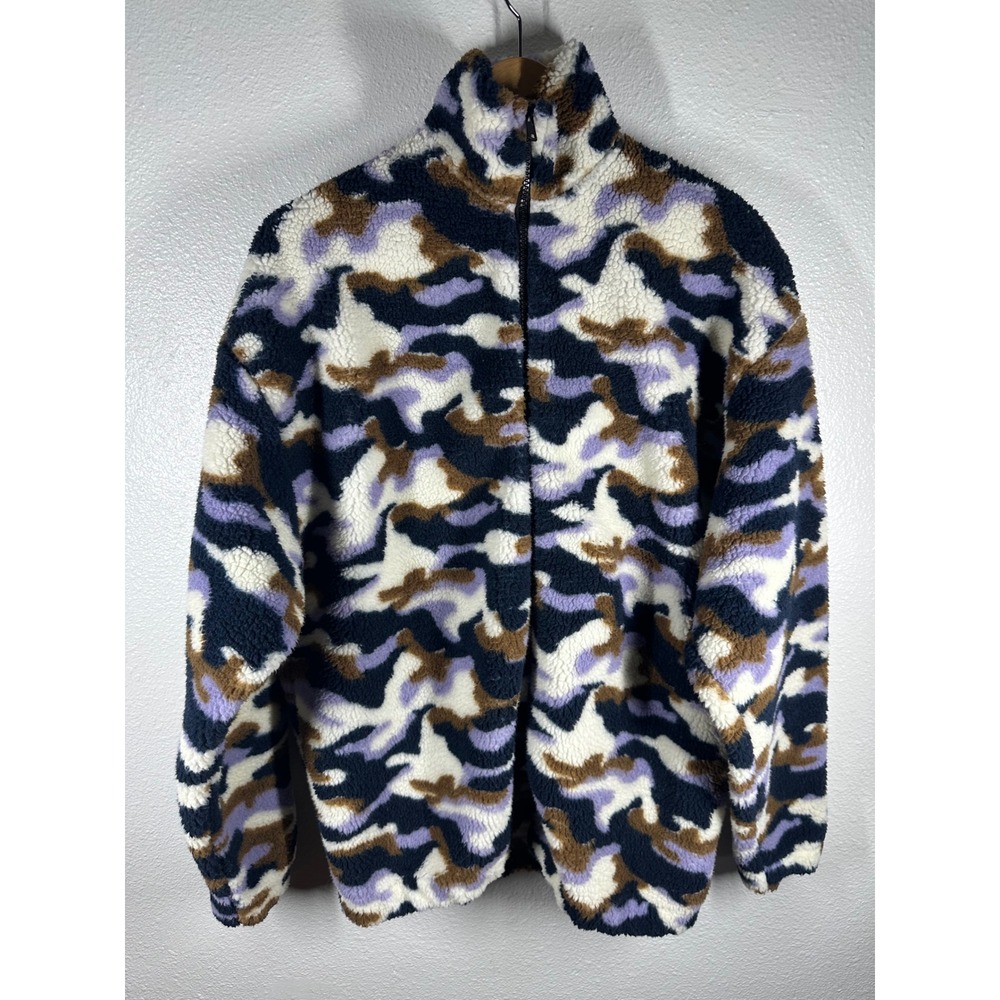 ASOS Fleece Jacket Womens Small Purple Camo Full Zip Sherpa High Neck 6862